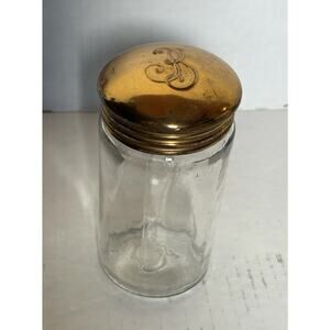 Vintage Dresser Powder Jar "B" Monogram Imprinted Brass Colored Lid 4.5"H